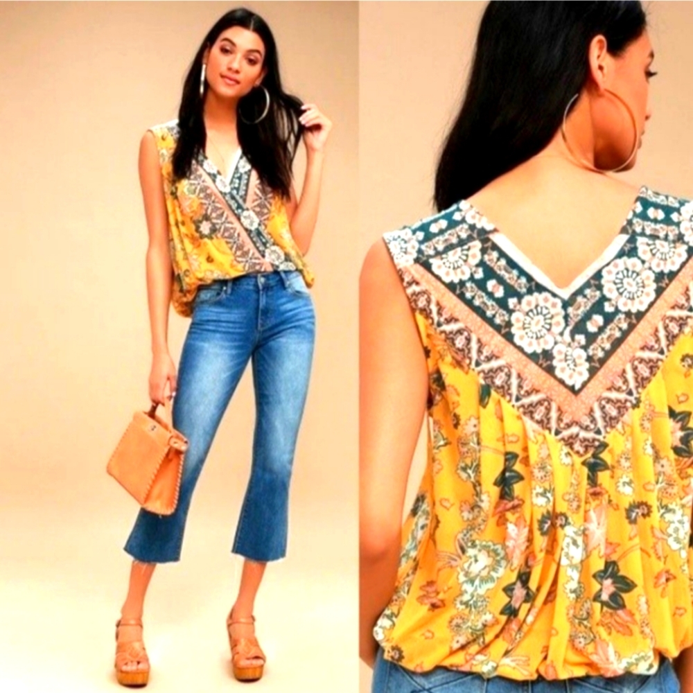 Free People Havana Golden Yellow Floral Print Sleeveless Surplice Top
